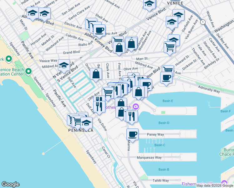 map of restaurants, bars, coffee shops, grocery stores, and more near 3000 Beach Avenue in Los Angeles
