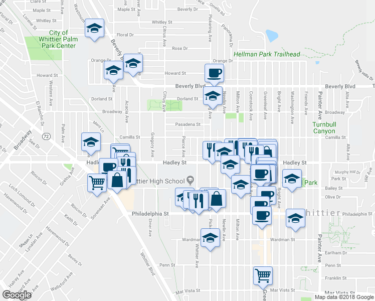 map of restaurants, bars, coffee shops, grocery stores, and more near 6330 Pierce Avenue in Whittier
