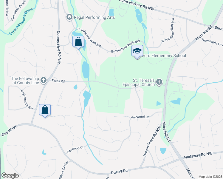 map of restaurants, bars, coffee shops, grocery stores, and more near 1245 Red Rock Road Northwest in Acworth