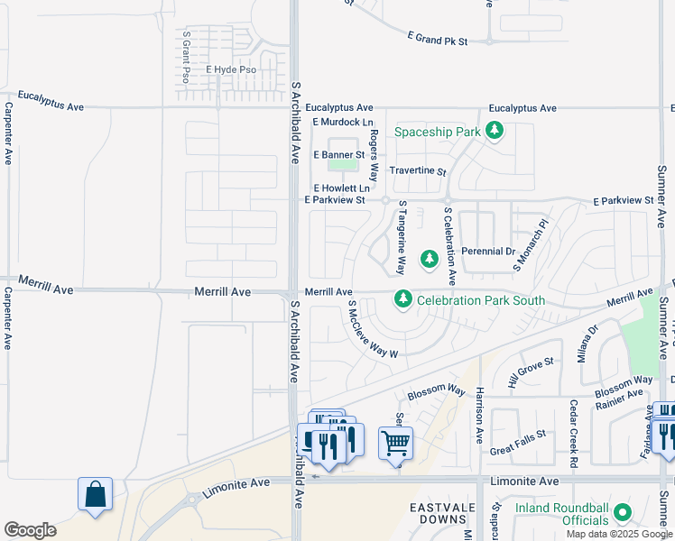 map of restaurants, bars, coffee shops, grocery stores, and more near 4974 South Rosemary Way in Ontario