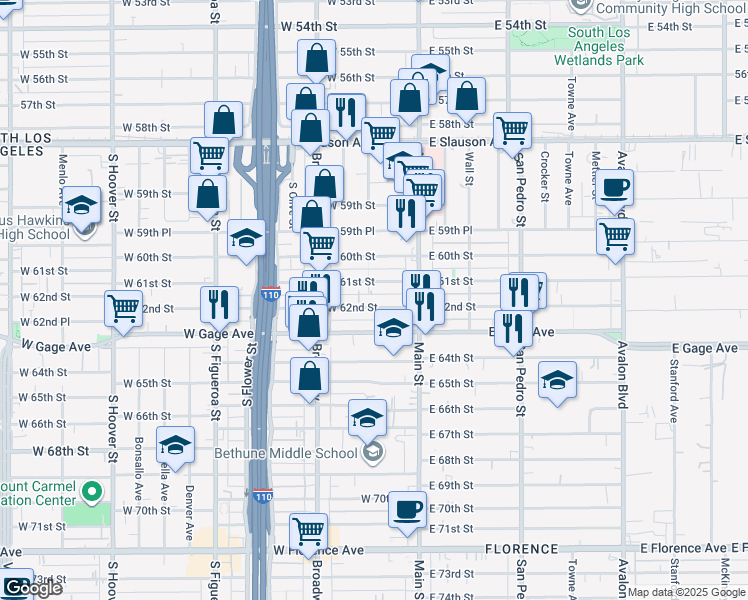 map of restaurants, bars, coffee shops, grocery stores, and more near 157 1/2 West 62nd Street in Los Angeles