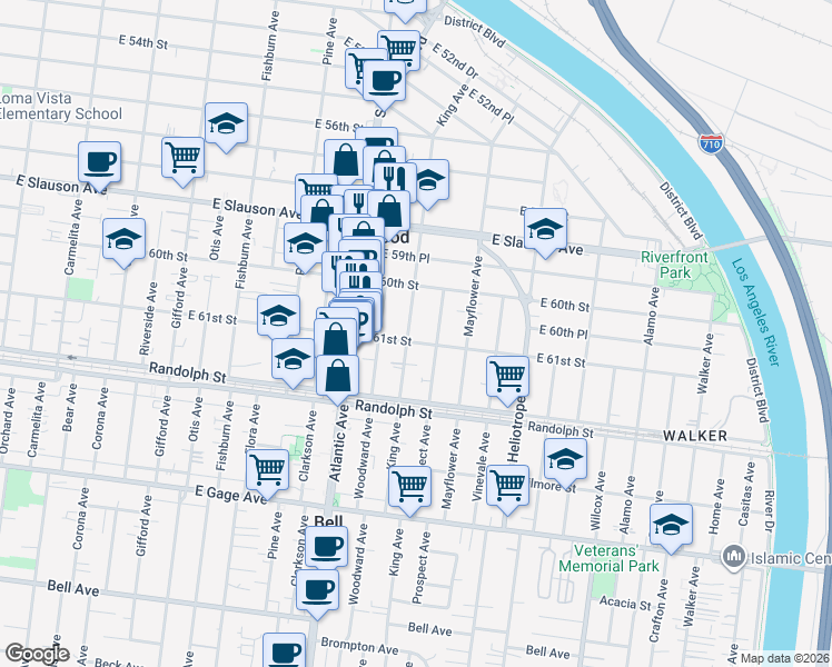 map of restaurants, bars, coffee shops, grocery stores, and more near 6038 King Avenue in Maywood