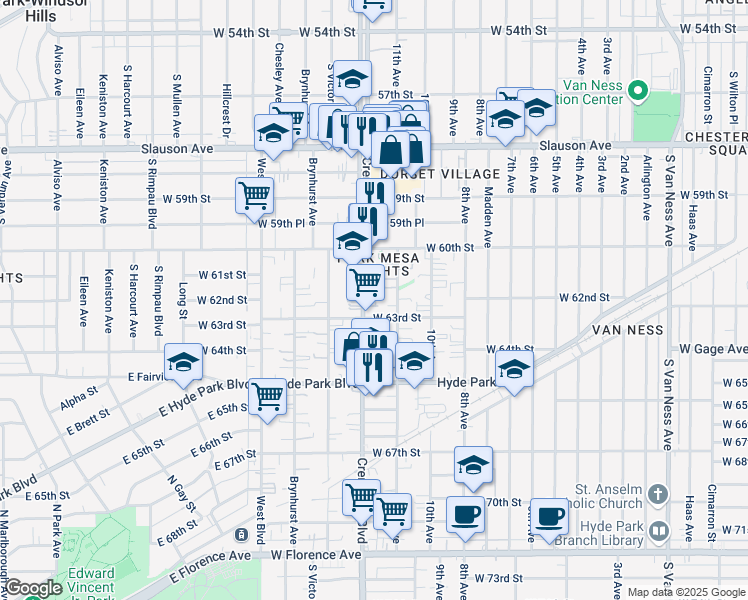 map of restaurants, bars, coffee shops, grocery stores, and more near 6030 Crenshaw Boulevard in Los Angeles