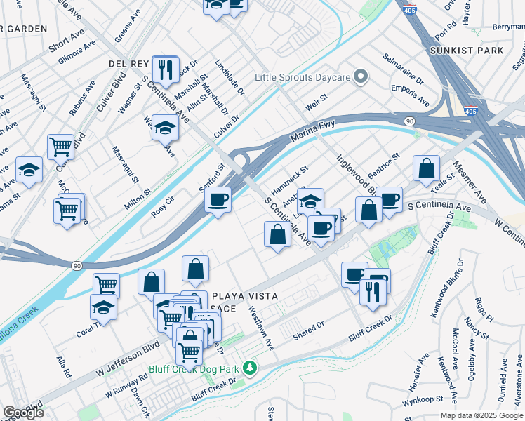 map of restaurants, bars, coffee shops, grocery stores, and more near 12417 Aneta Street in Los Angeles