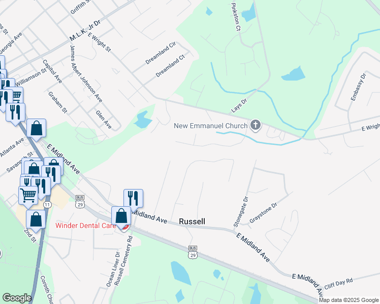 map of restaurants, bars, coffee shops, grocery stores, and more near 40 Huckleberry Lane in Winder