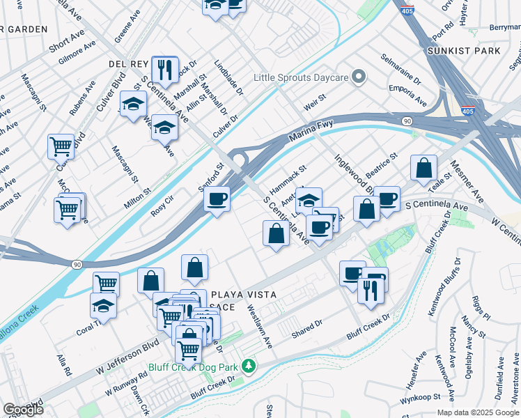 map of restaurants, bars, coffee shops, grocery stores, and more near 12417 Aneta Street in Los Angeles