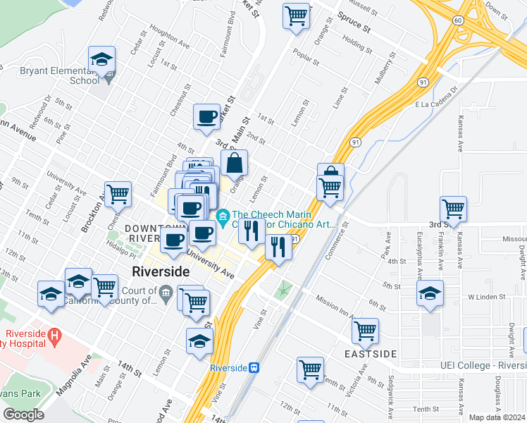 map of restaurants, bars, coffee shops, grocery stores, and more near 3449 Lime Street in Riverside