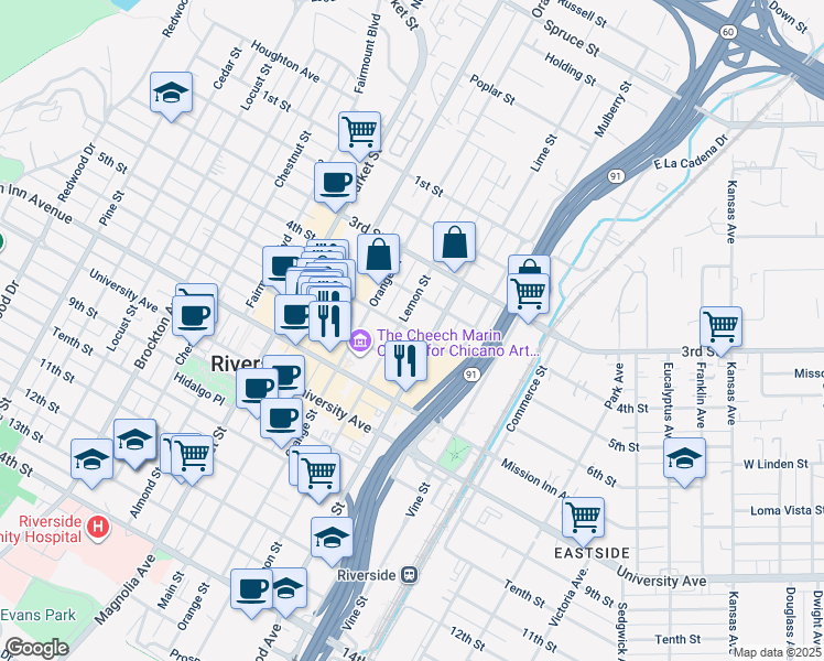 map of restaurants, bars, coffee shops, grocery stores, and more near 3449 Lime Street in Riverside
