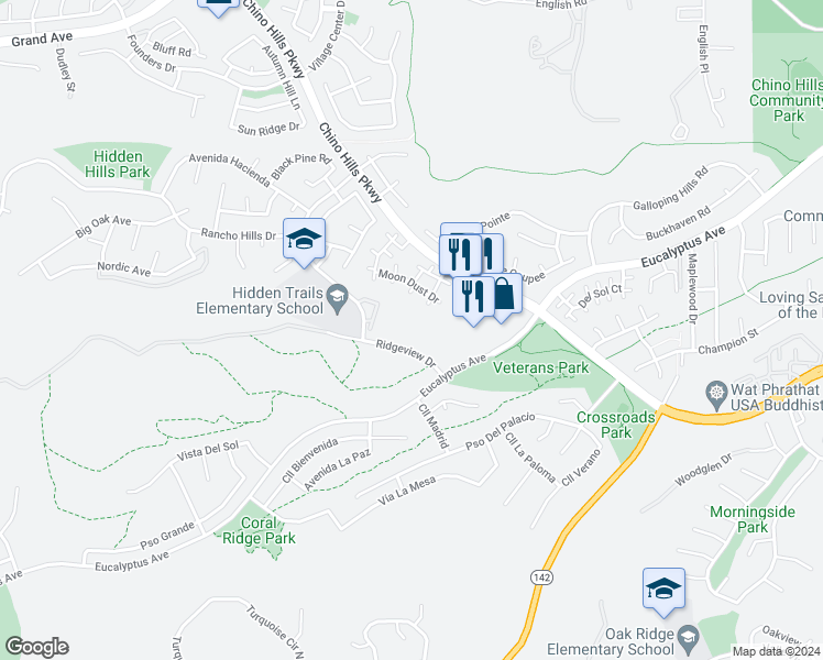 map of restaurants, bars, coffee shops, grocery stores, and more near 2400 Ridgeview Drive in Chino Hills