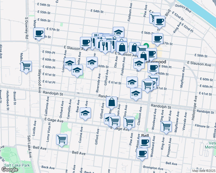map of restaurants, bars, coffee shops, grocery stores, and more near 6106 Gifford Avenue in Huntington Park