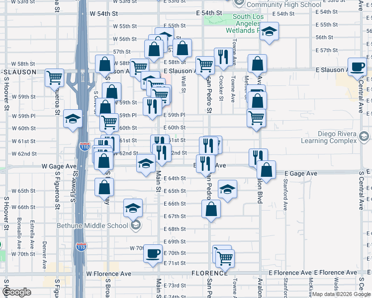 map of restaurants, bars, coffee shops, grocery stores, and more near 6114 Wall Street in Los Angeles