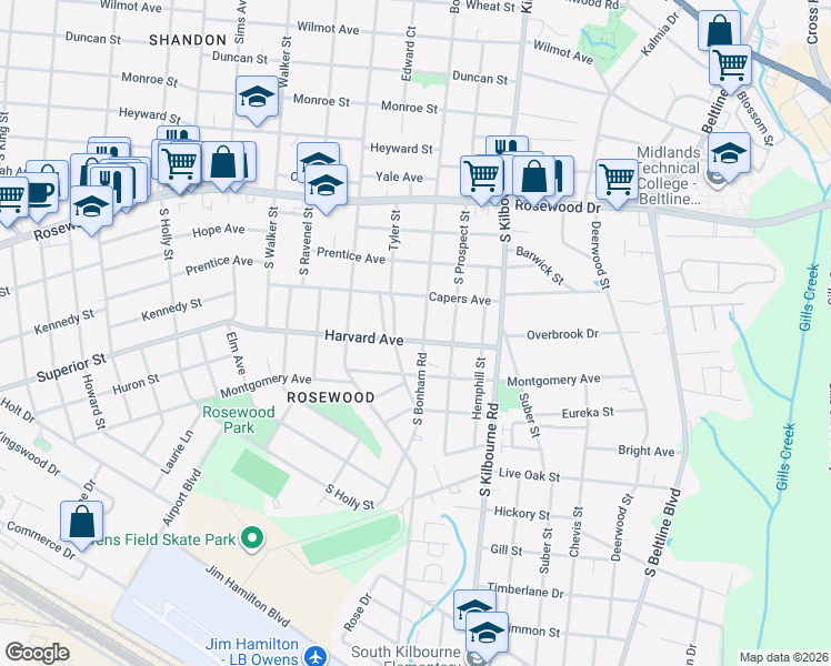 map of restaurants, bars, coffee shops, grocery stores, and more near 510 Tyler Street in Columbia