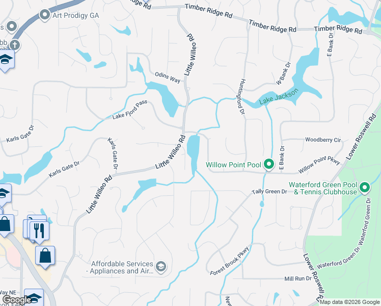 map of restaurants, bars, coffee shops, grocery stores, and more near 1455 Willow Point Cove in Marietta