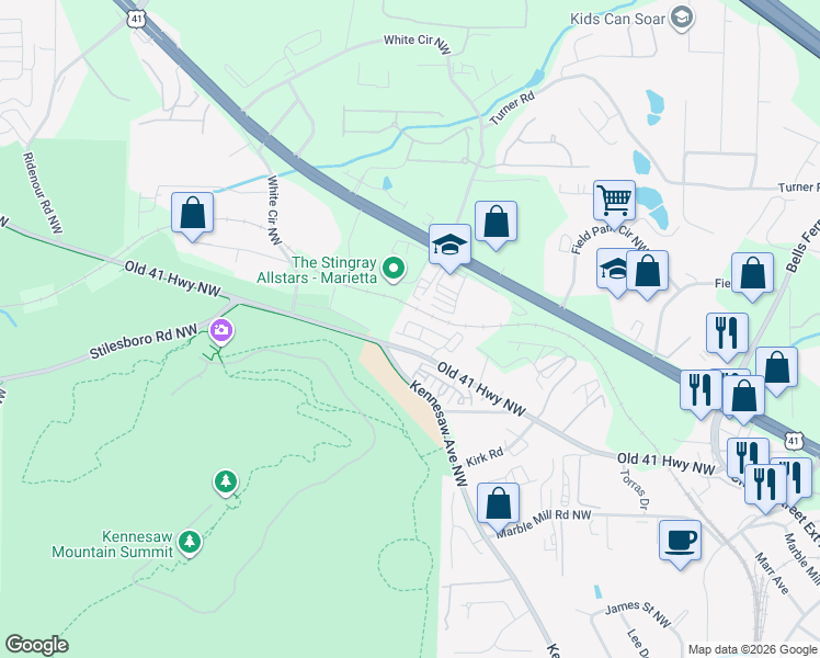 map of restaurants, bars, coffee shops, grocery stores, and more near 522 Springer Bend Northwest in Marietta