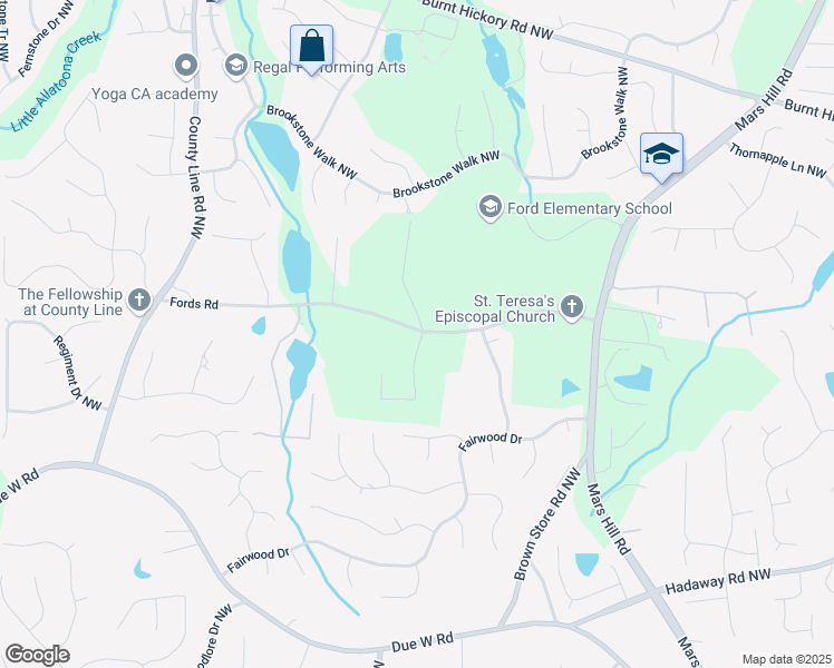 map of restaurants, bars, coffee shops, grocery stores, and more near 5885 Fords Road in Acworth