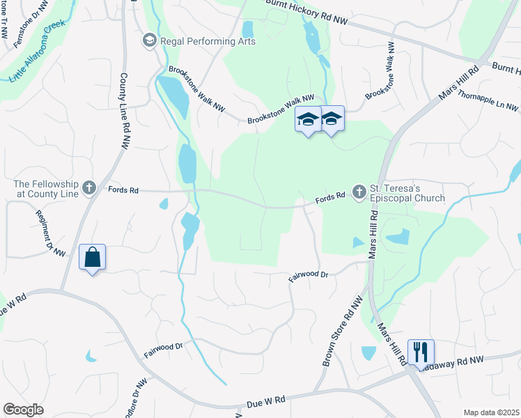 map of restaurants, bars, coffee shops, grocery stores, and more near 5893 Fords Road in Acworth