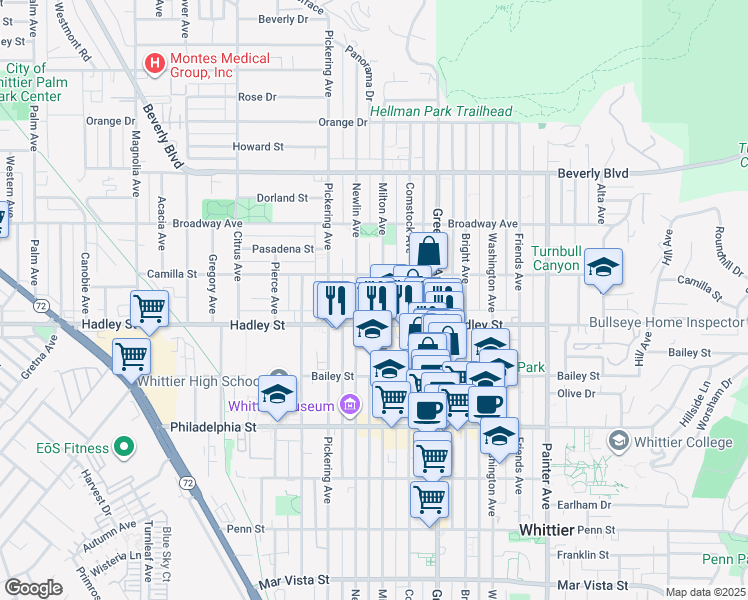 map of restaurants, bars, coffee shops, grocery stores, and more near 6333 Milton Avenue in Whittier