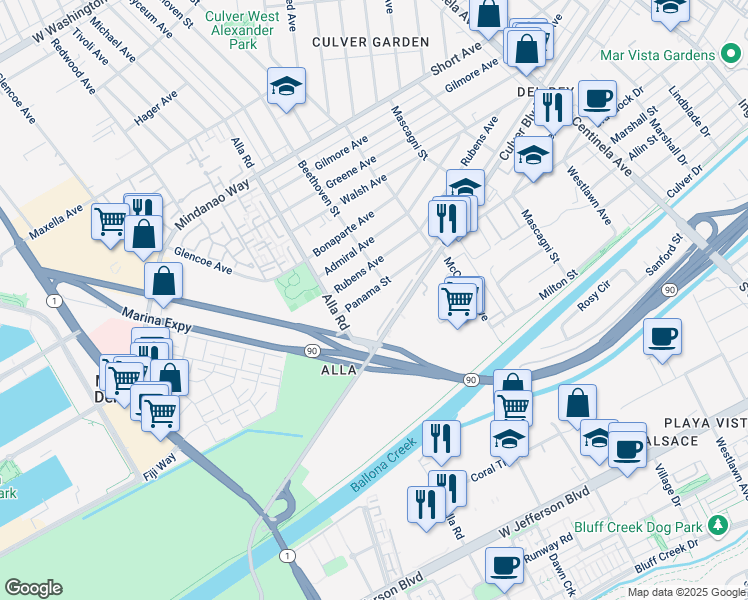 map of restaurants, bars, coffee shops, grocery stores, and more near 12908 Panama Street in Los Angeles