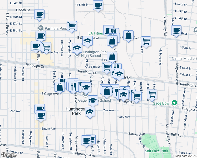 map of restaurants, bars, coffee shops, grocery stores, and more near 2983 Clarendon Avenue in Huntington Park