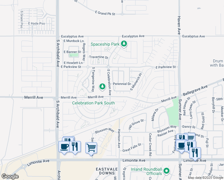 map of restaurants, bars, coffee shops, grocery stores, and more near 4962 South Starry Night Lane in Ontario
