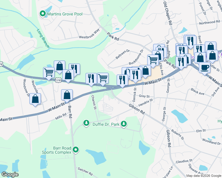 map of restaurants, bars, coffee shops, grocery stores, and more near West Main Street in Lexington