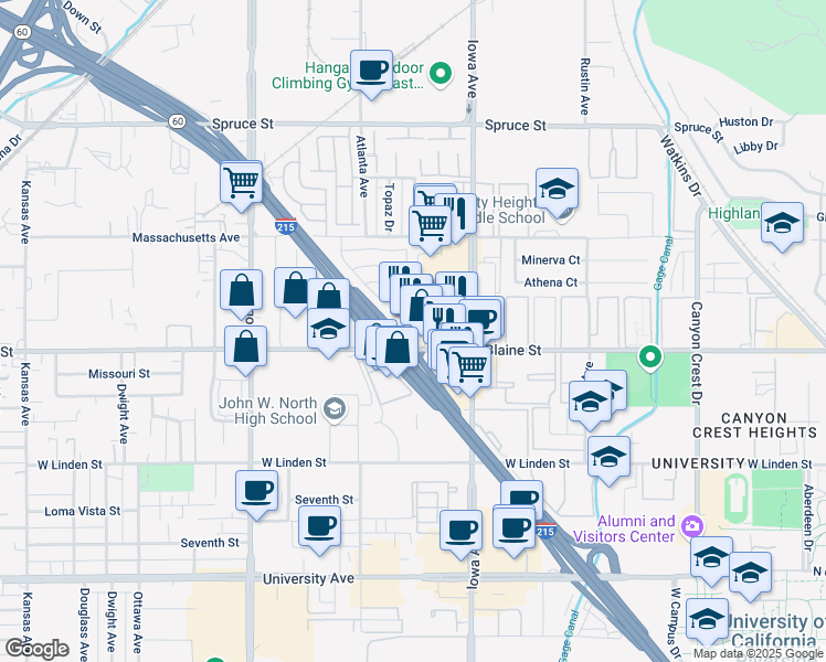 map of restaurants, bars, coffee shops, grocery stores, and more near 1385 West Blaine Street in Riverside