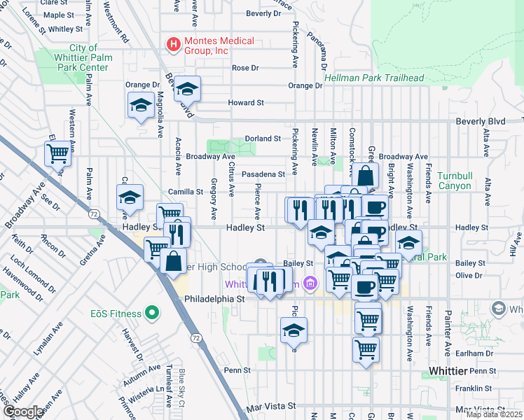map of restaurants, bars, coffee shops, grocery stores, and more near 6330 Pierce Avenue in Whittier