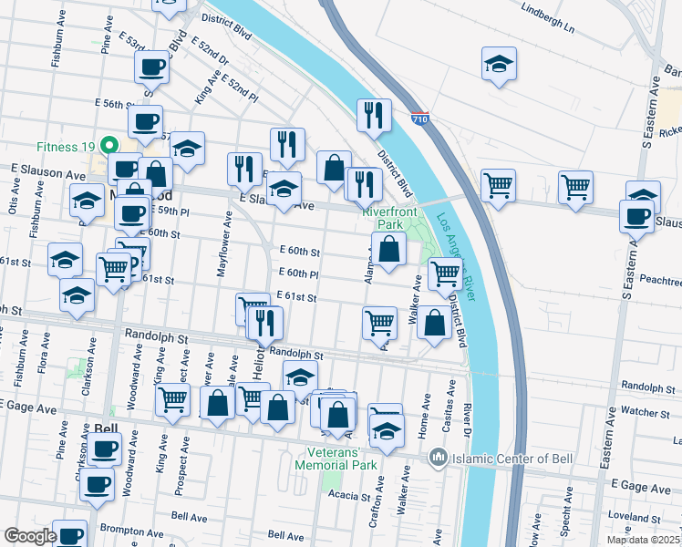map of restaurants, bars, coffee shops, grocery stores, and more near 4927 East 60th Place in Maywood