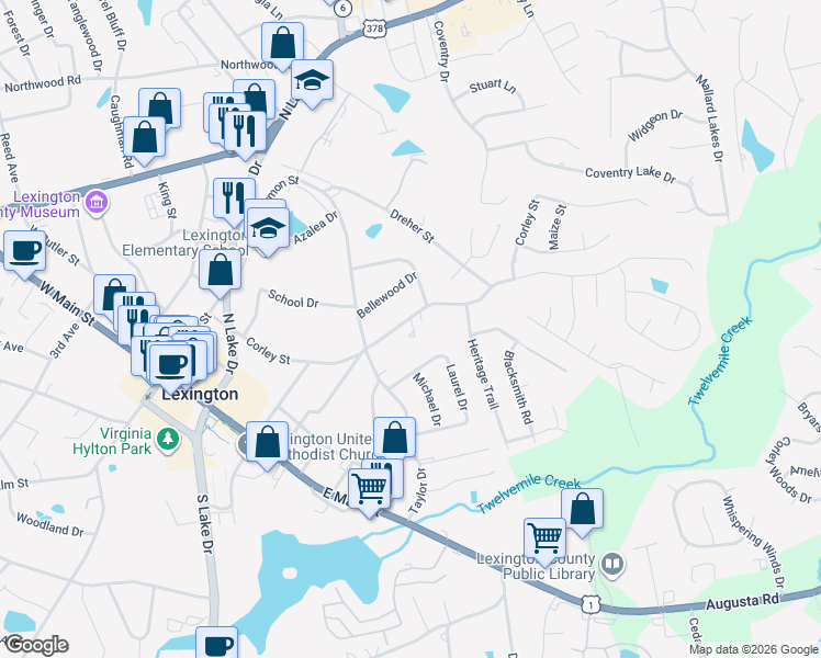 map of restaurants, bars, coffee shops, grocery stores, and more near 413 Corley Street in Lexington