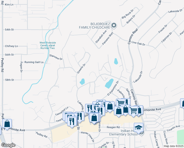 map of restaurants, bars, coffee shops, grocery stores, and more near 5665 Falling Leaf Lane in Riverside
