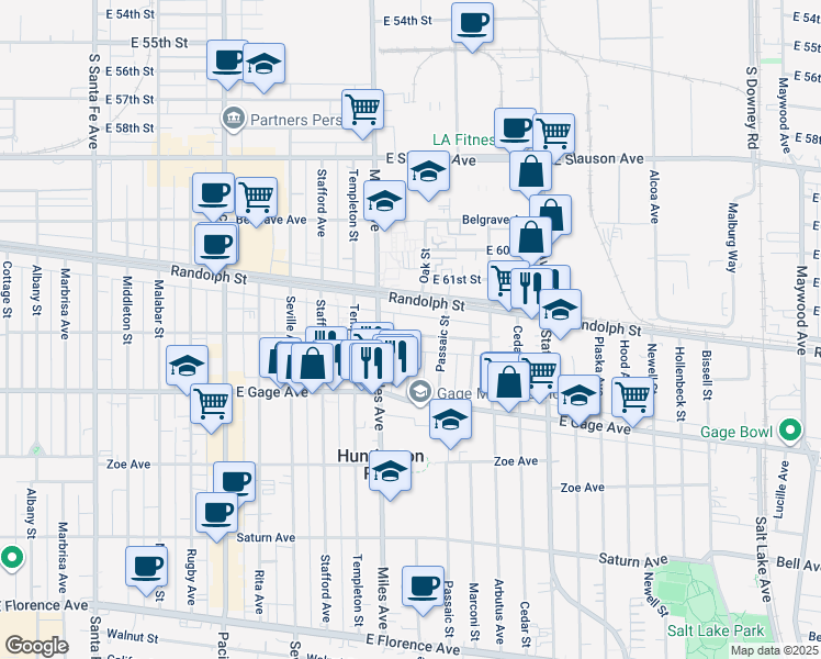 map of restaurants, bars, coffee shops, grocery stores, and more near 2881 Clarendon Avenue in Huntington Park