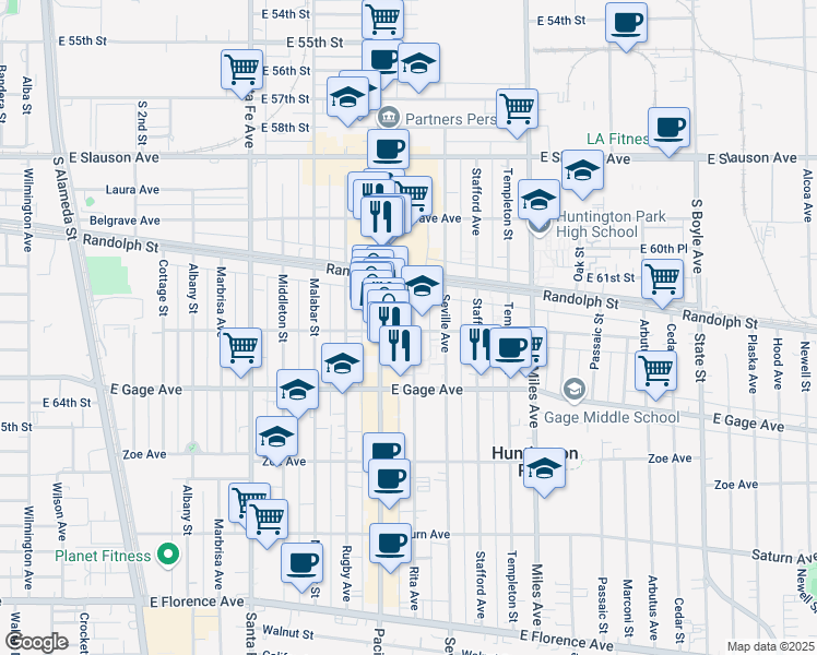 map of restaurants, bars, coffee shops, grocery stores, and more near 2629 Clarendon Avenue in Huntington Park