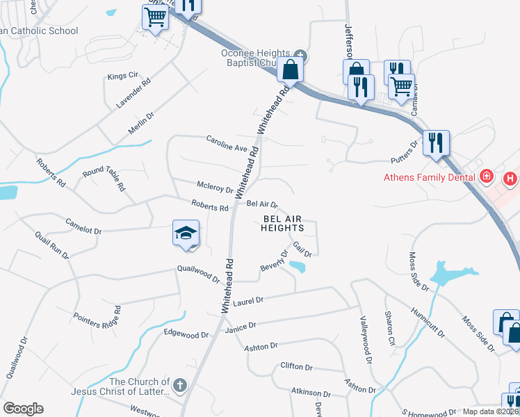 map of restaurants, bars, coffee shops, grocery stores, and more near 155-157 Bel Air Drive in Athens