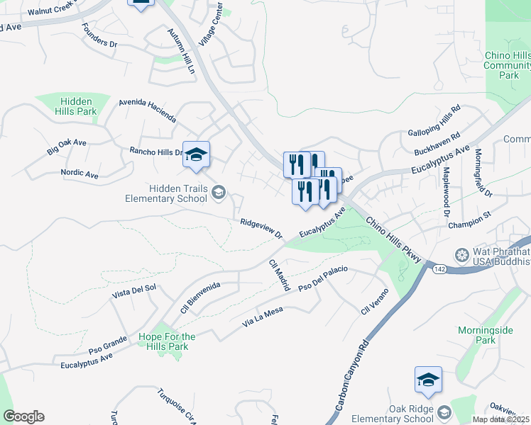 map of restaurants, bars, coffee shops, grocery stores, and more near 2400 Ridgeview Drive in Chino Hills