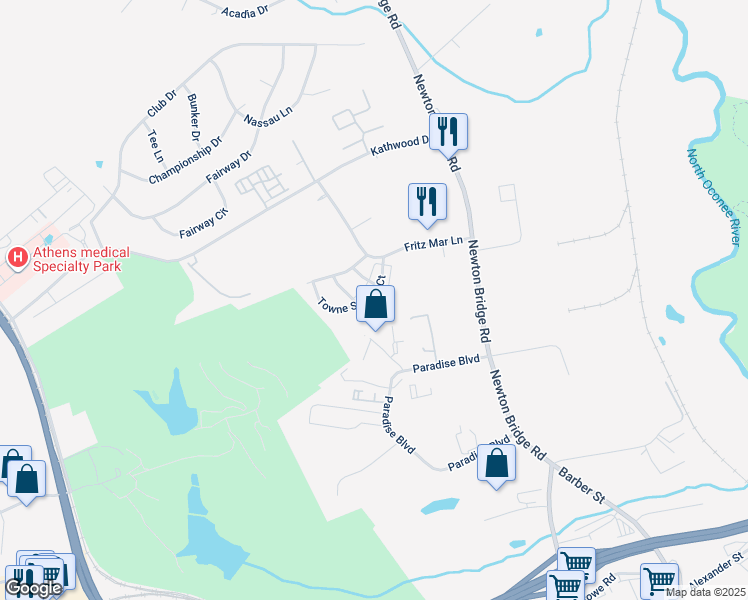 map of restaurants, bars, coffee shops, grocery stores, and more near 1275 Towne Square Court in Athens