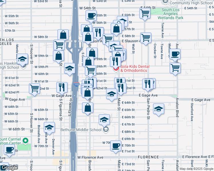 map of restaurants, bars, coffee shops, grocery stores, and more near 153 West 62nd Street in Los Angeles