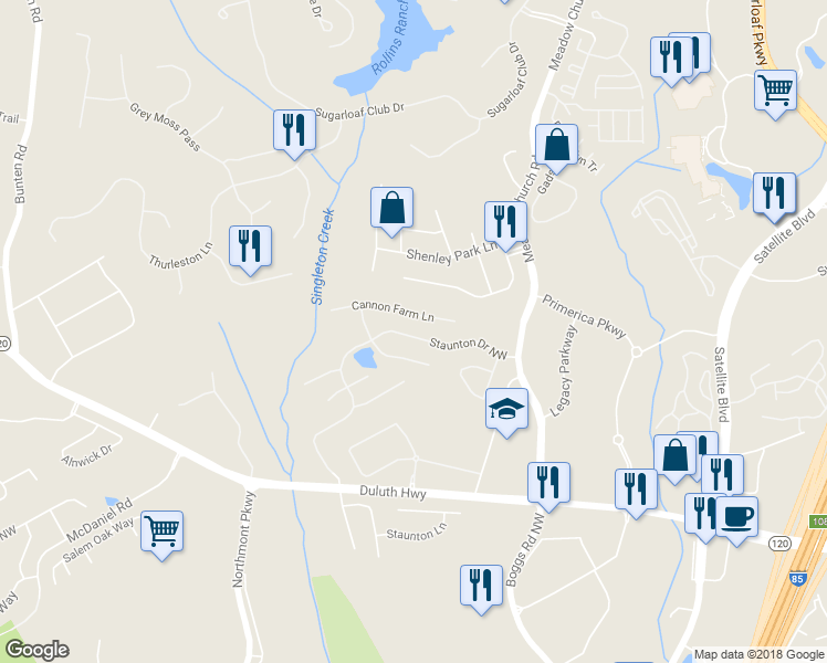 map of restaurants, bars, coffee shops, grocery stores, and more near 2527 Staunton Drive in Duluth