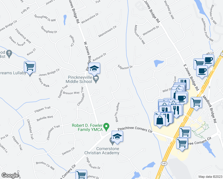 map of restaurants, bars, coffee shops, grocery stores, and more near 4177 Ancient Amber Way in Norcross