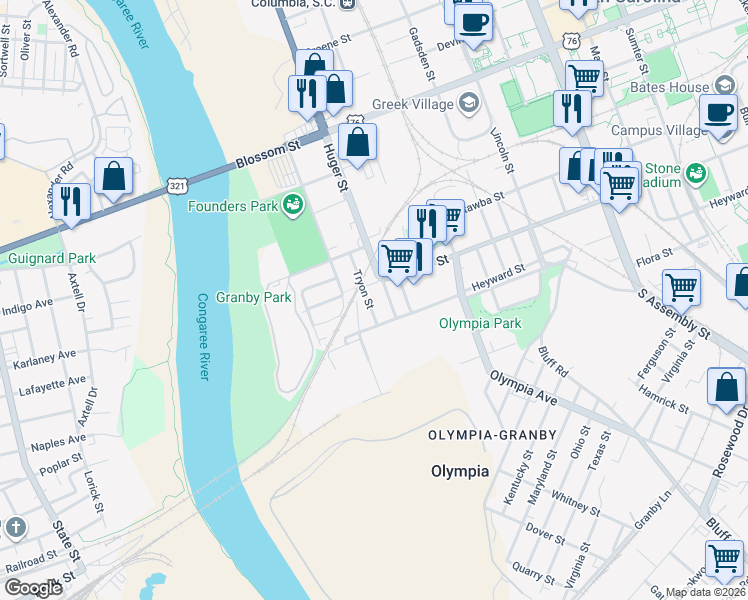 map of restaurants, bars, coffee shops, grocery stores, and more near 117 Huger Street in Columbia