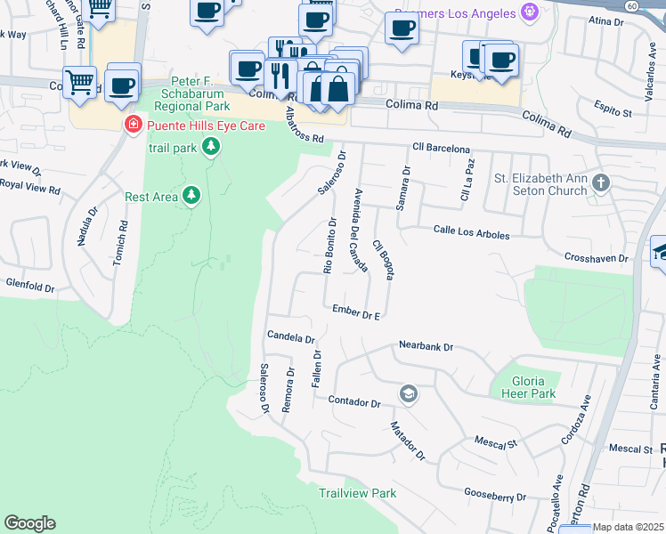 map of restaurants, bars, coffee shops, grocery stores, and more near 1992 Rio Bonito Drive in Rowland Heights