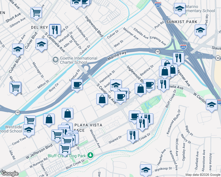 map of restaurants, bars, coffee shops, grocery stores, and more near 12205 Lucile Street in Culver City