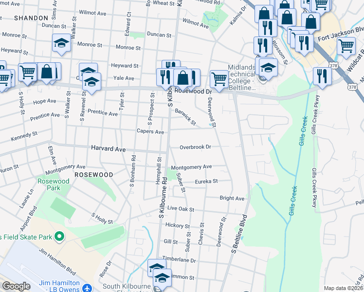 map of restaurants, bars, coffee shops, grocery stores, and more near 3845 Overbrook Drive in Columbia