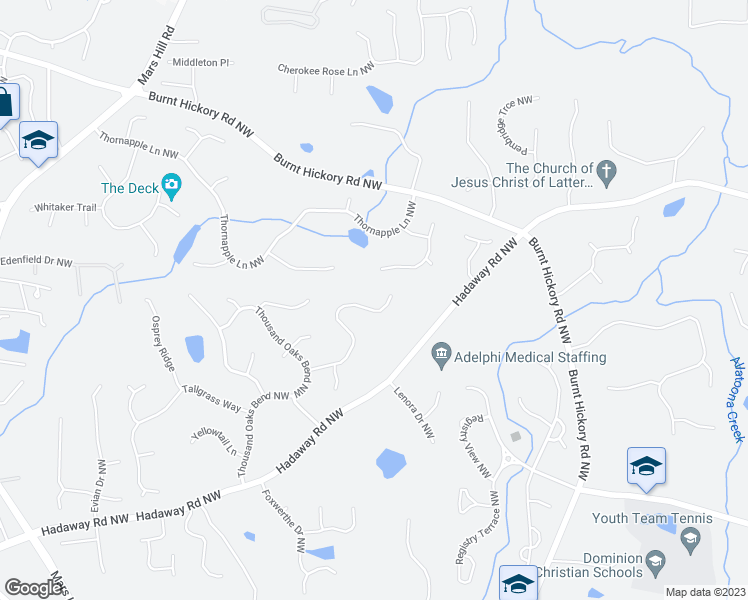 map of restaurants, bars, coffee shops, grocery stores, and more near 1311 Cobblemill Way Northwest in Kennesaw