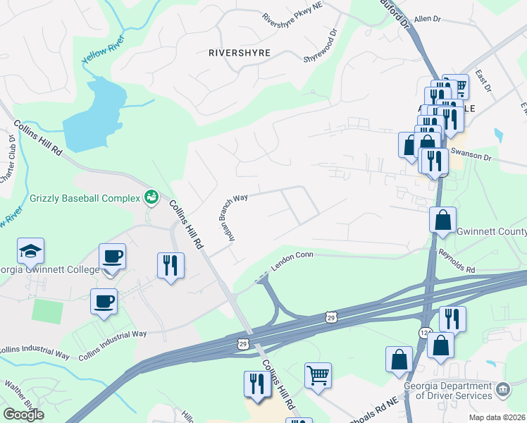map of restaurants, bars, coffee shops, grocery stores, and more near 116 Eric Run Court in Lawrenceville