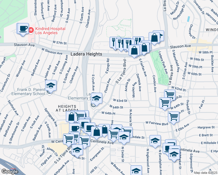 map of restaurants, bars, coffee shops, grocery stores, and more near 6112 Flores Avenue in Los Angeles
