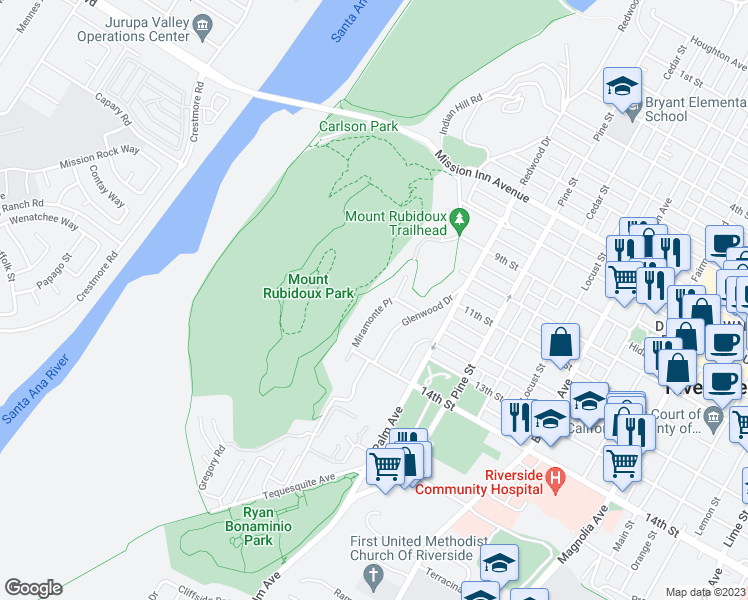 map of restaurants, bars, coffee shops, grocery stores, and more near 4227 Miramonte Place in Riverside