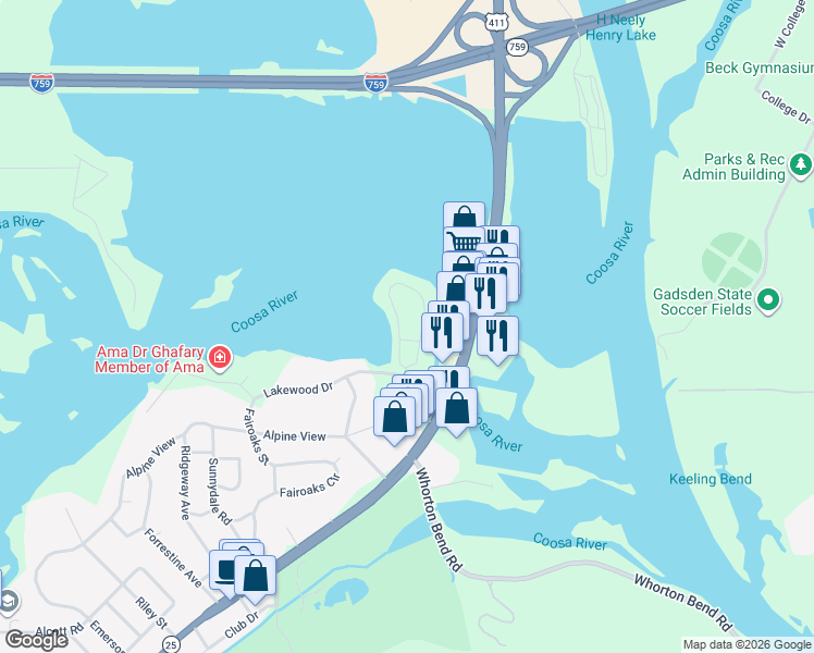 map of restaurants, bars, coffee shops, grocery stores, and more near 341 Lakepoint Drive in Gadsden