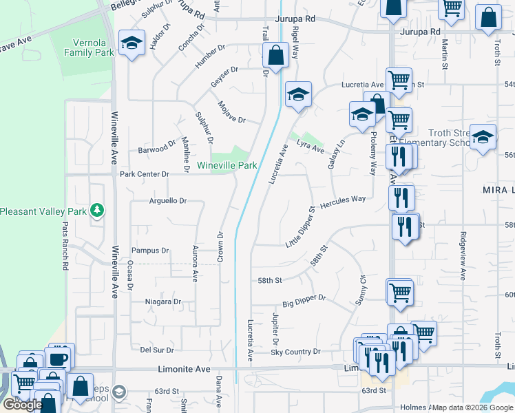 map of restaurants, bars, coffee shops, grocery stores, and more near 5795 Lucretia Avenue in Jurupa Valley
