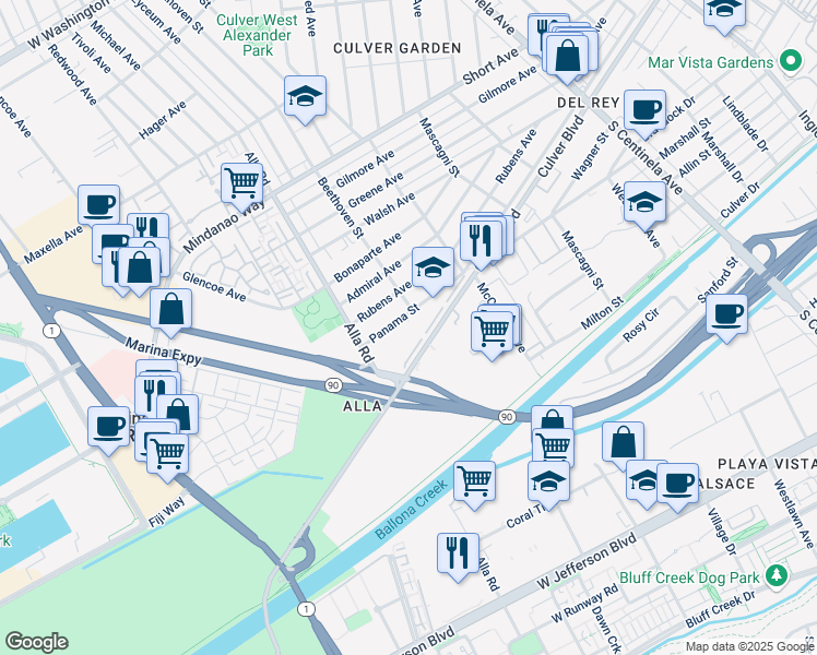 map of restaurants, bars, coffee shops, grocery stores, and more near 12908 Panama Street in Los Angeles