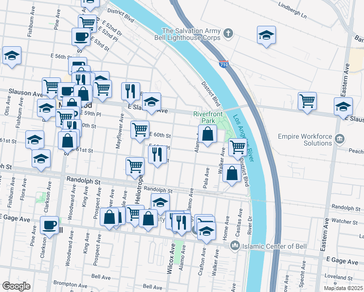 map of restaurants, bars, coffee shops, grocery stores, and more near 4927 East 60th Place in Maywood